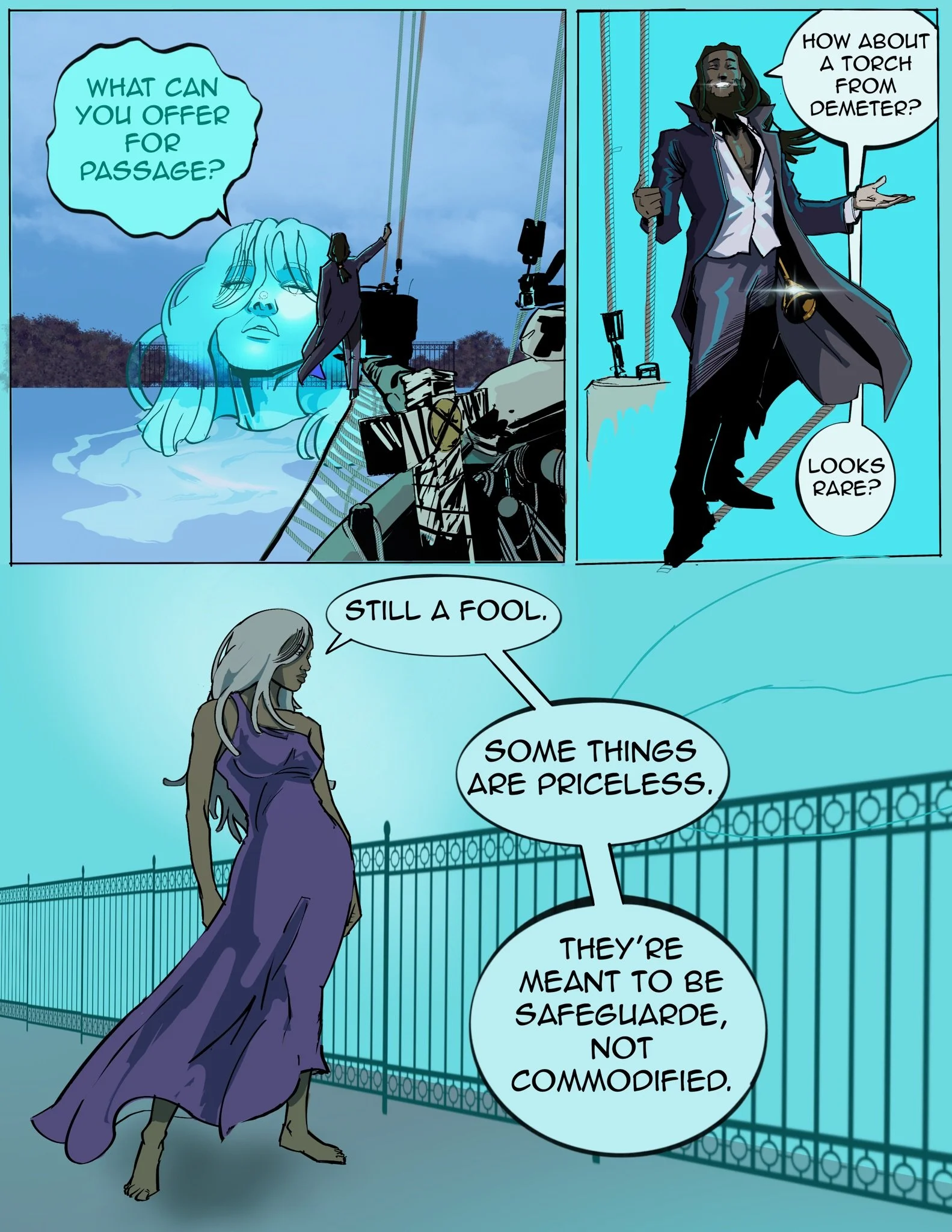 Vanessa, the Virgo guardian, judging Drew as the crew sails past Porto Tranquilo, comic art by Bryson Boutte