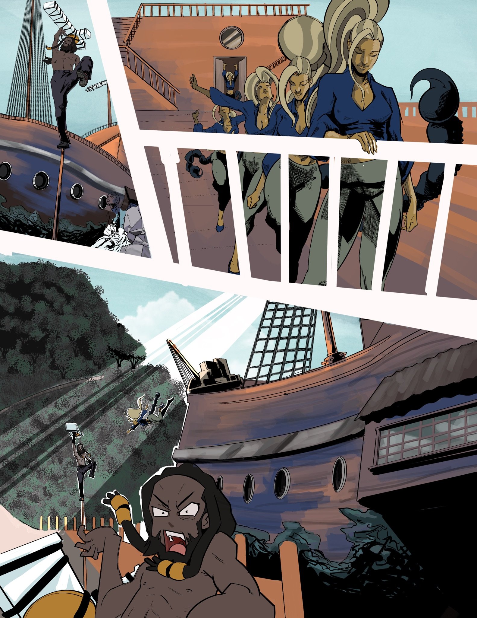 Drew training on a post on the ship's deck at sunrise, Keytar raised, as Selena, the Scorpio guardian, crosses the deck and leaps at him, comic page by Bryson Boutte
