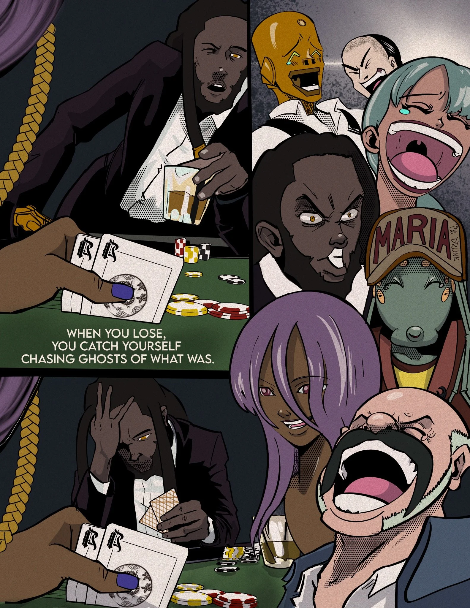 The crew gambling at the tables in Heaven's Gate, comic art by Bryson Boutte