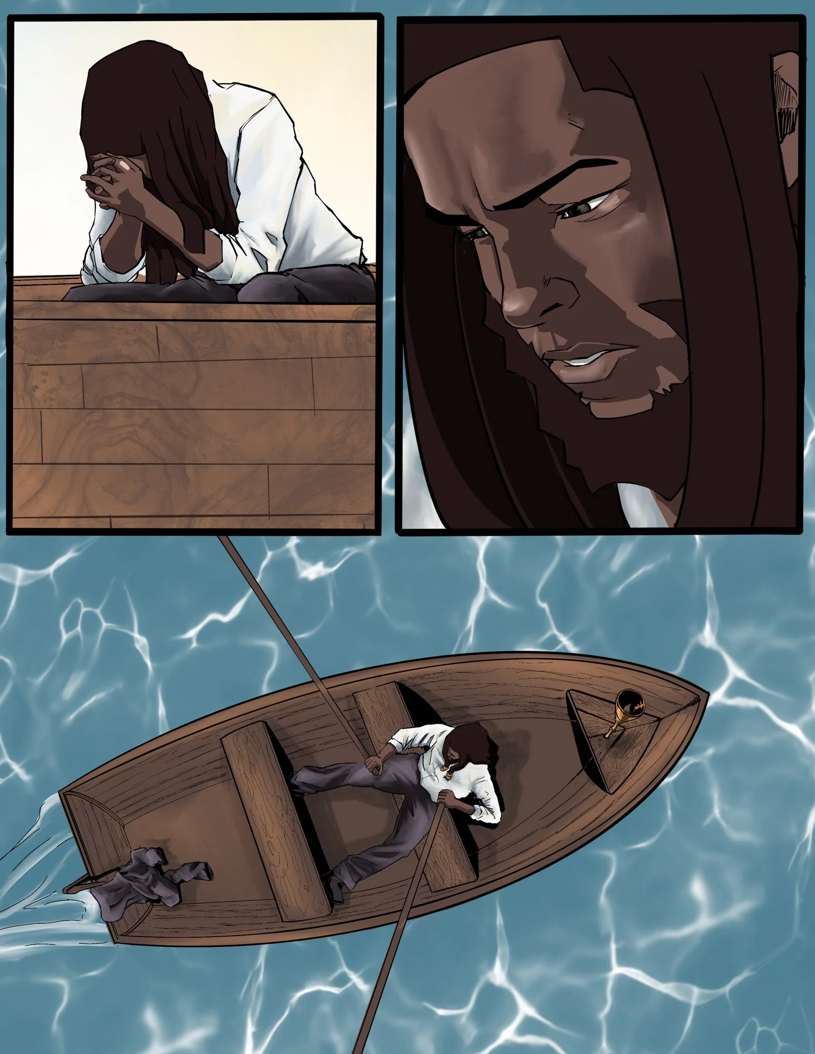 Drew alone in a rowboat out at sea, comic panel by Bryson Boutte