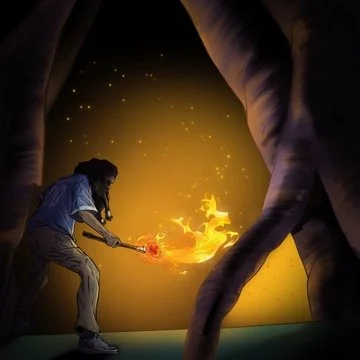 Drew lighting Demeter's Torch in the dark, art by Bryson Boutte