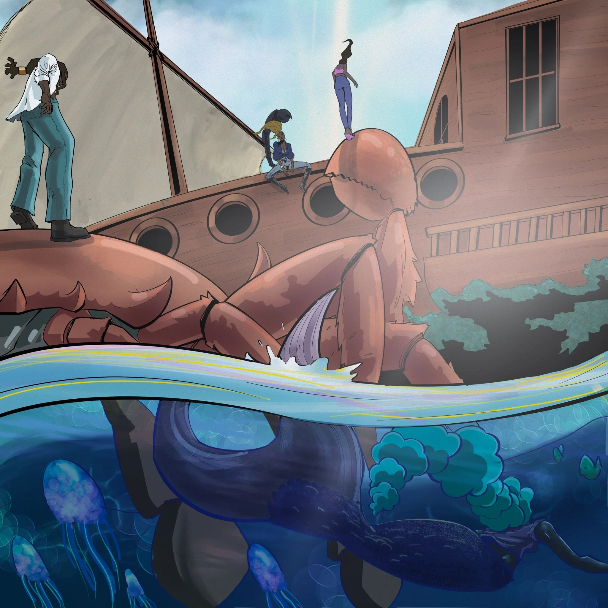 The water sign reunion: Cancer, Pisces and Scorpio guardians with Drew, comic art by Bryson Boutte