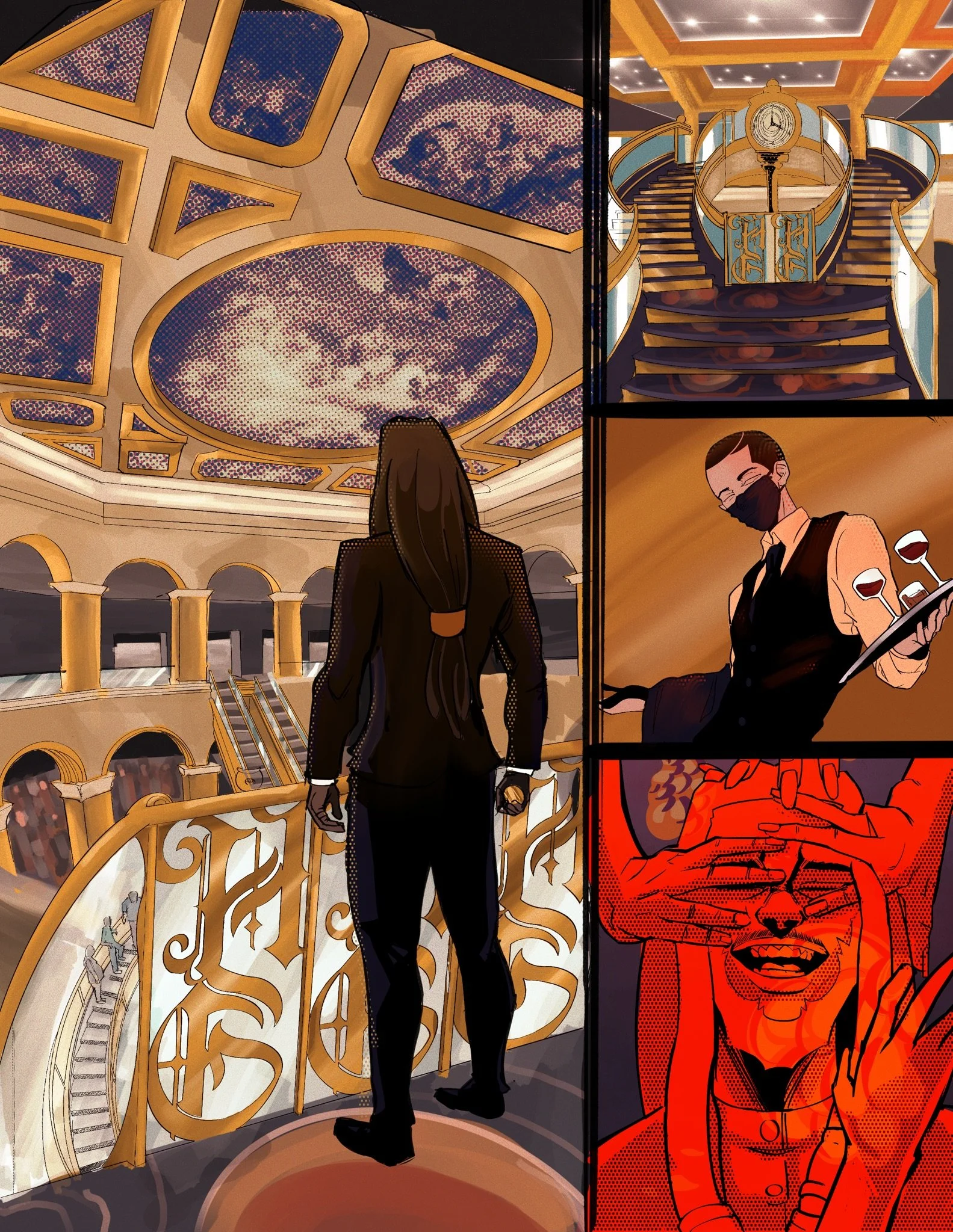 Drew inside Heaven's Gate casino, comic panel by Bryson Boutte