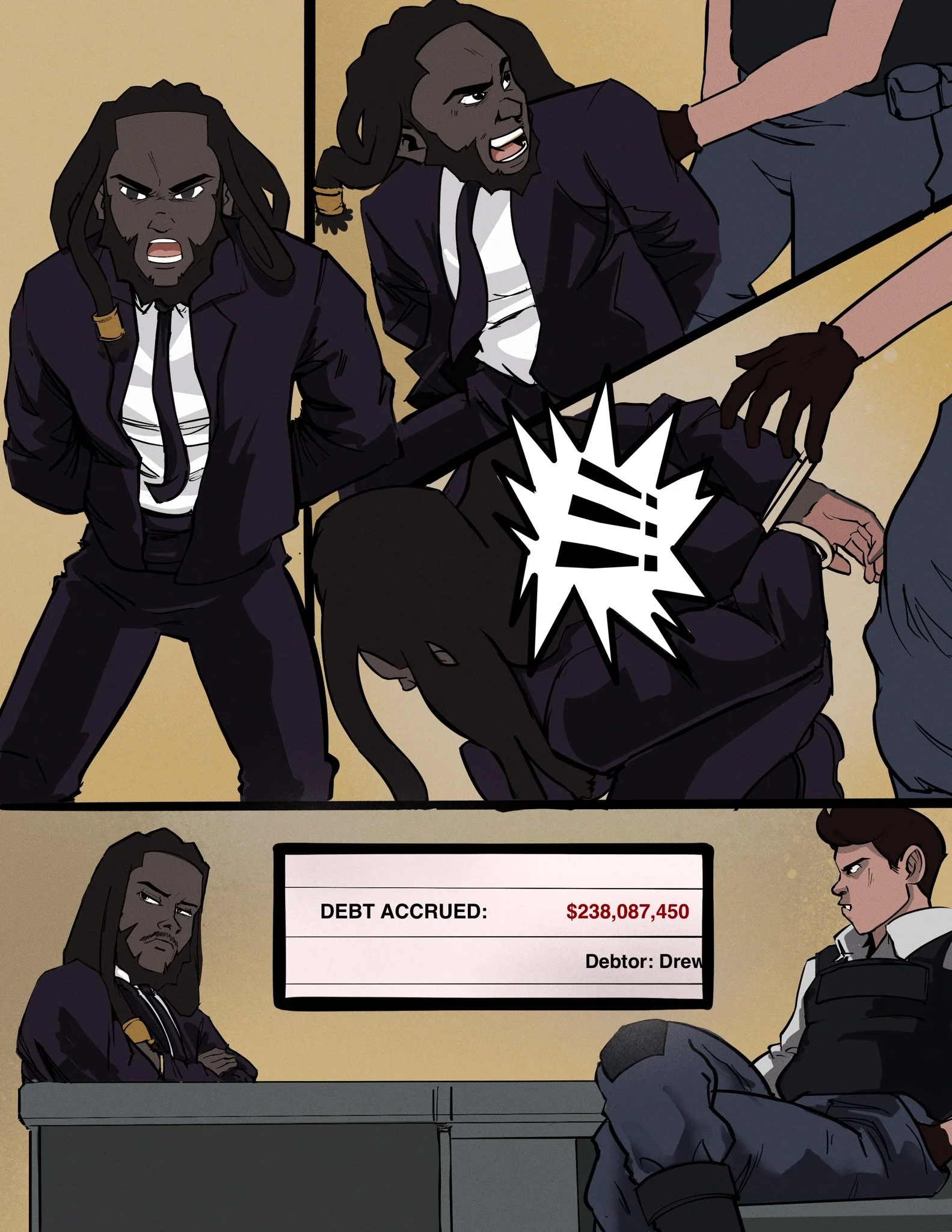 Drew facing his debt at Heaven's Gate, comic panel by Bryson Boutte