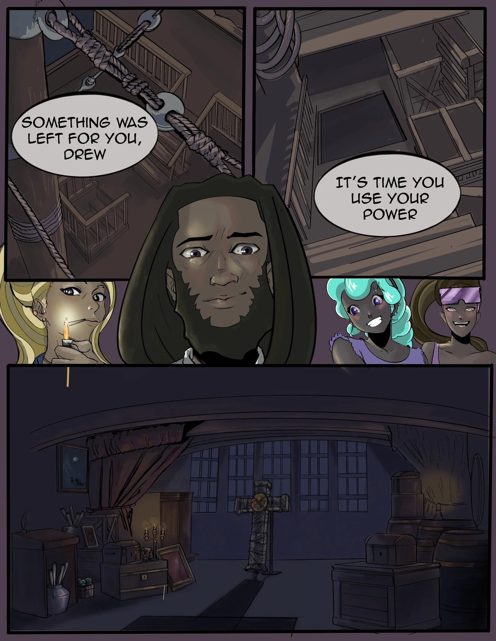 Cancer, Pisces and Scorpio give Drew the Caduceus Cross-Keytar, comic art by Bryson Boutte