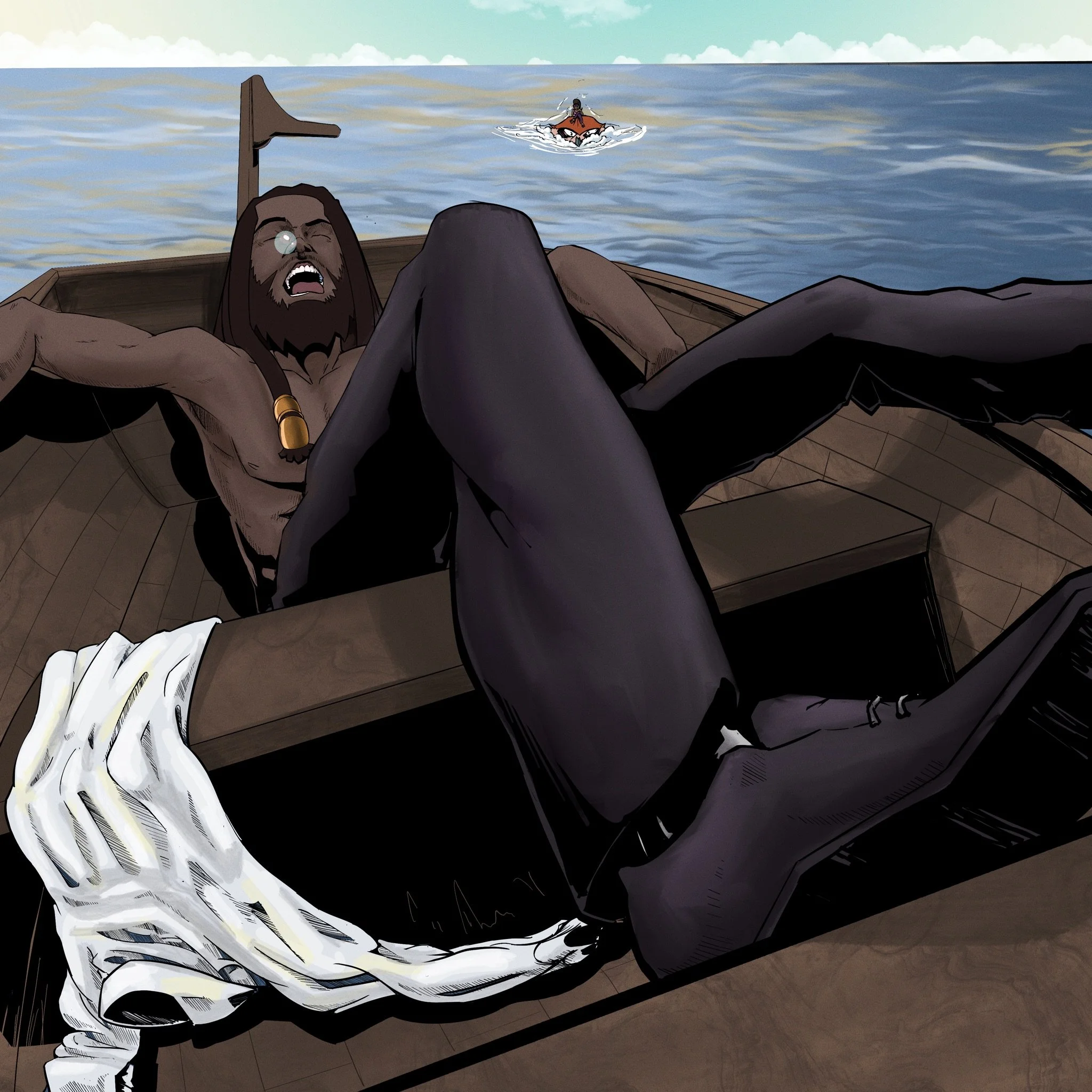 Drew being rescued from the water, comic panel by Bryson Boutte