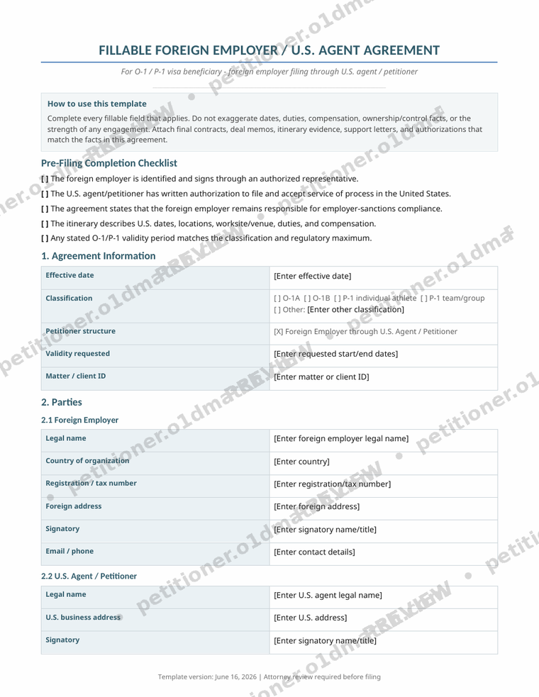 Watermarked preview of the U.S. Agent Agreement for an Overseas Employer