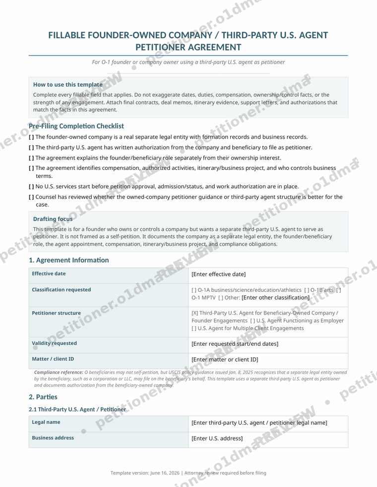 Watermarked preview of the Founder-Owned-Company Third-Party-Agent O-1 Agreement for athlete-entrepreneurs