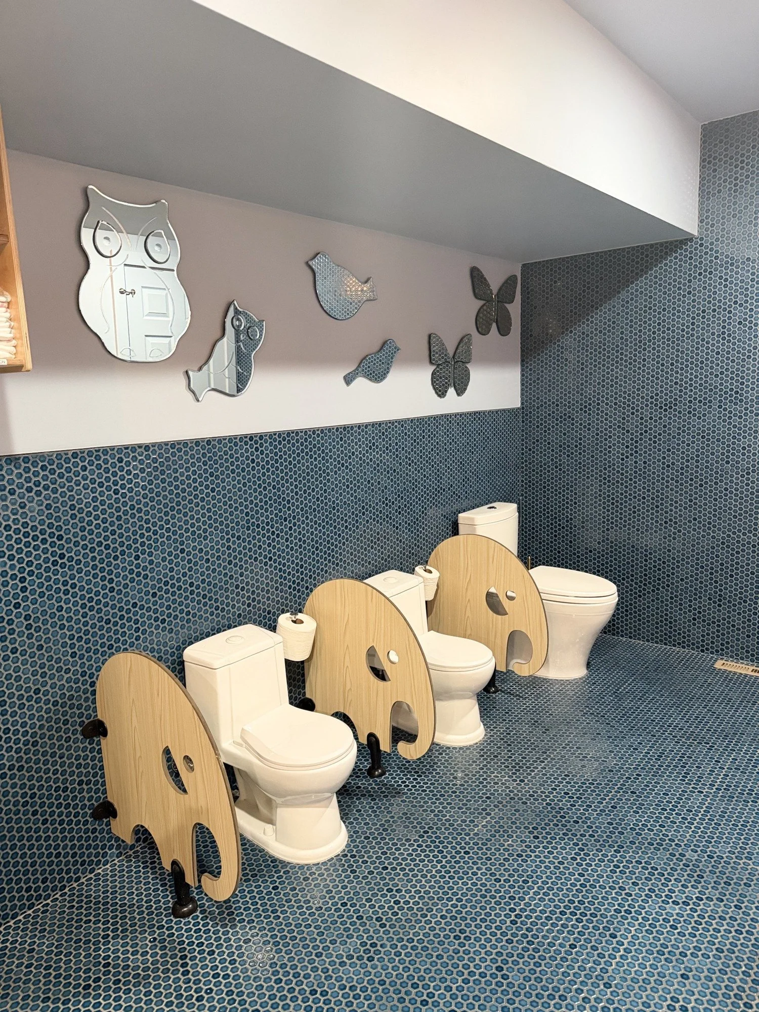 Three child sized toilets with wooden elephant dividers and animal mirrors
