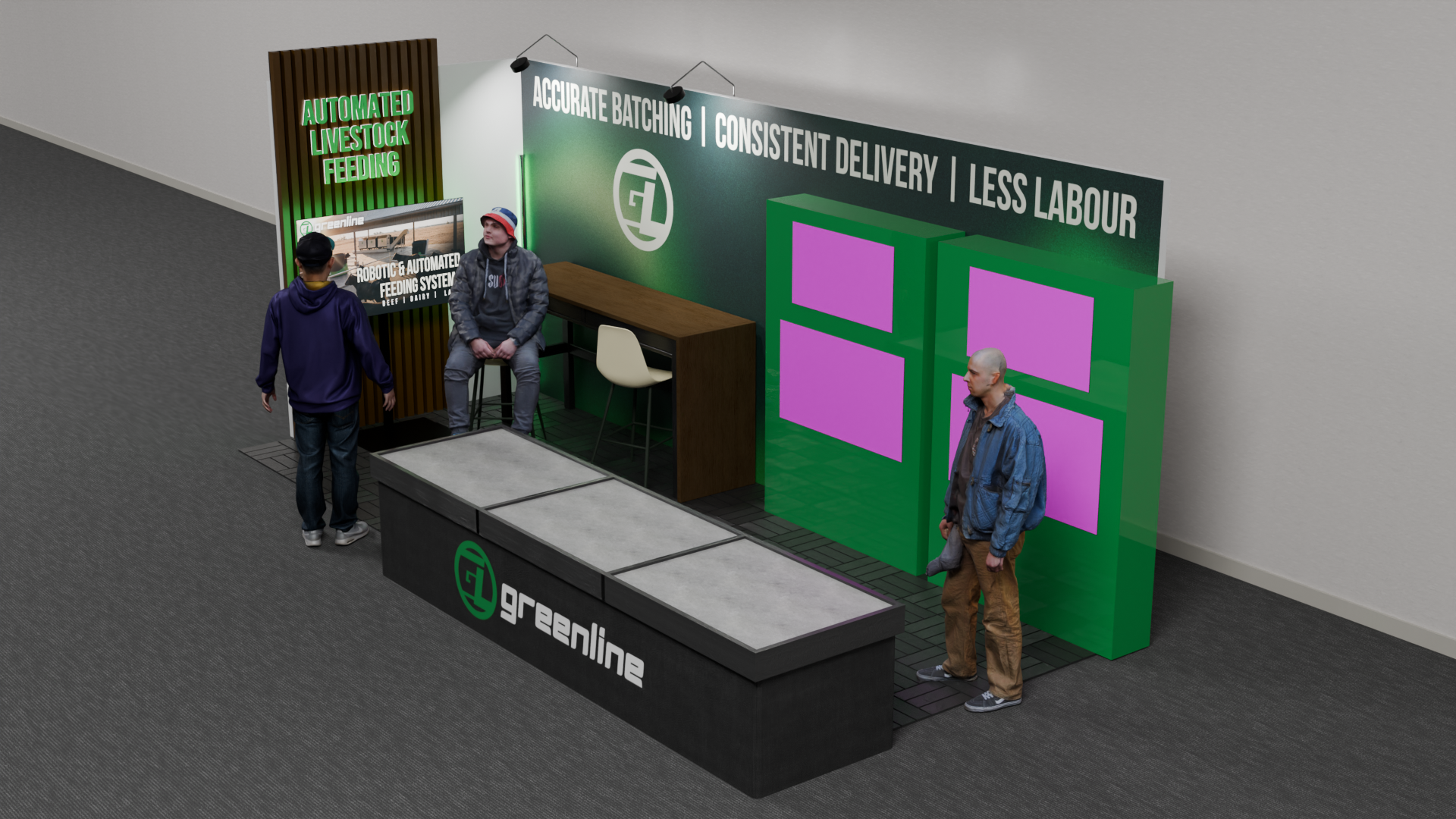 The Greenline stand at BeefEx 2026, Booths 5-6, showing the interactive demo screens and meeting bench.