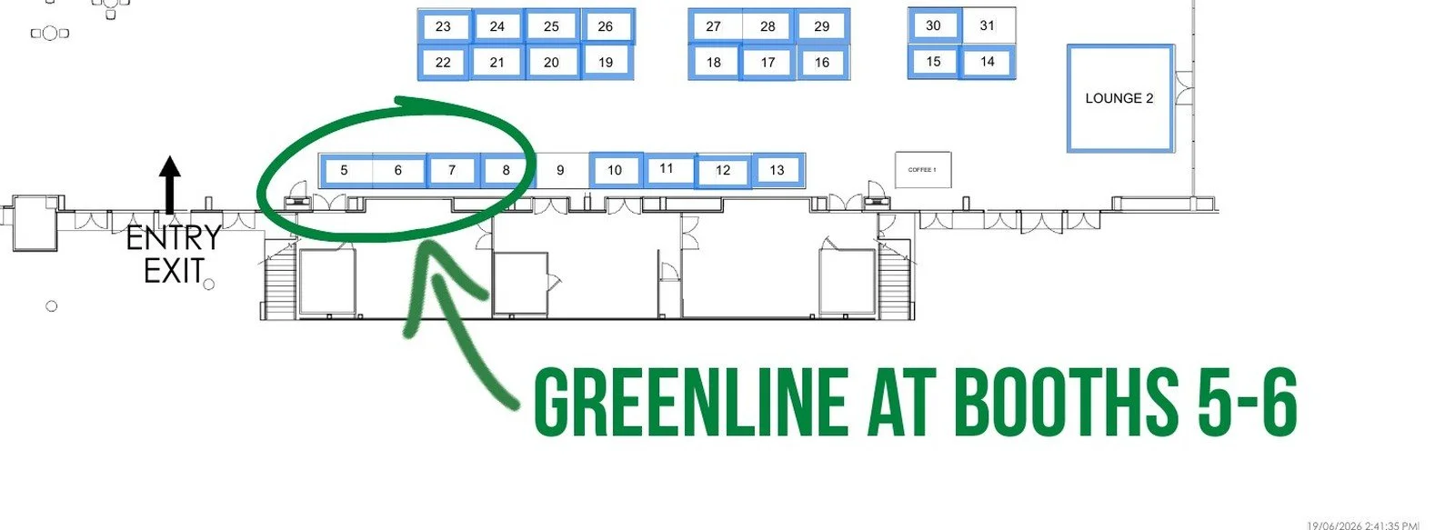 BeefEx 2026 floorplan detail showing Greenline at Booths 5-6, just inside the hall entry.