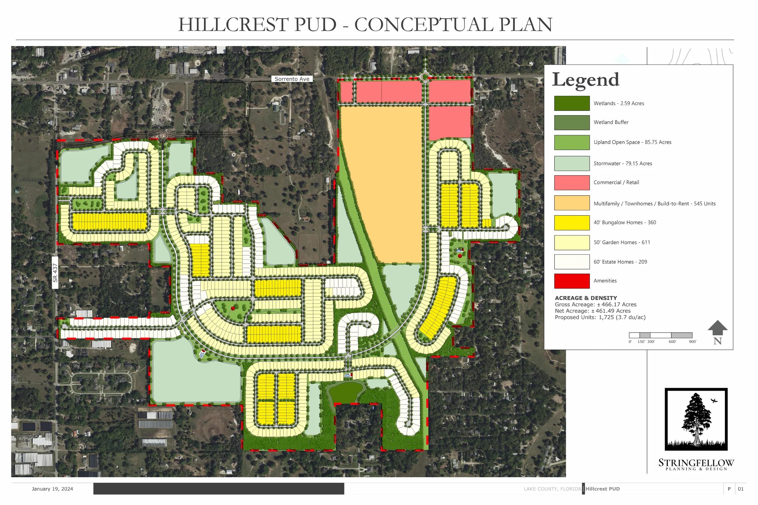Hillcrest January 19, 2024 illustrative master plan with street trees, landscape, open space and original legend and drawing credits