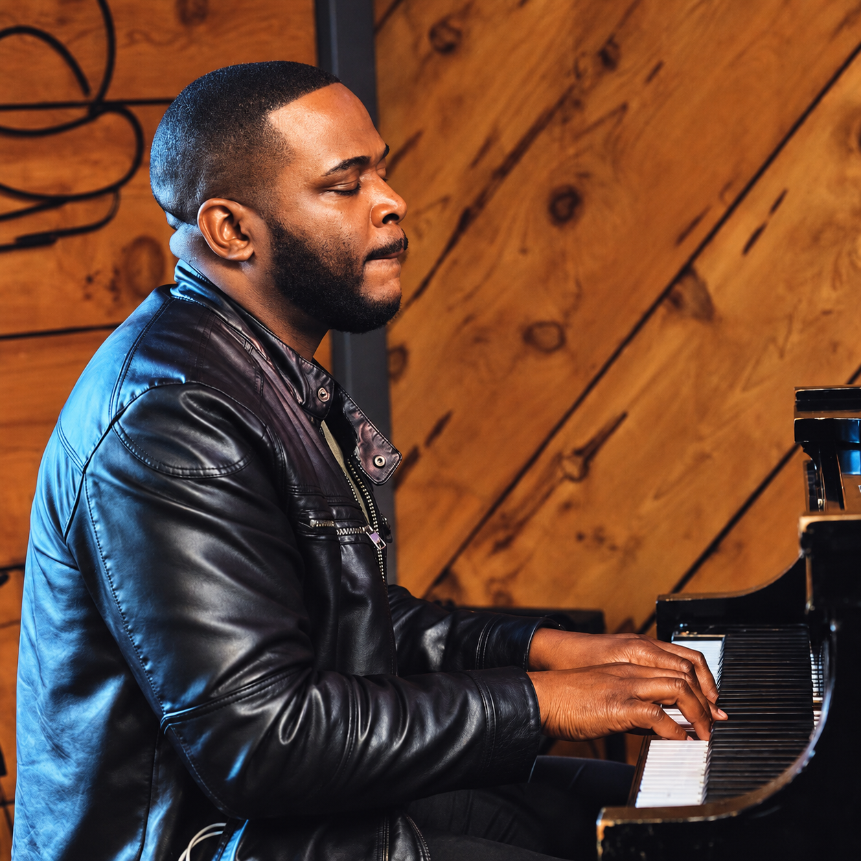 Udobi playing grand piano in a leather jacket against warm wood paneling