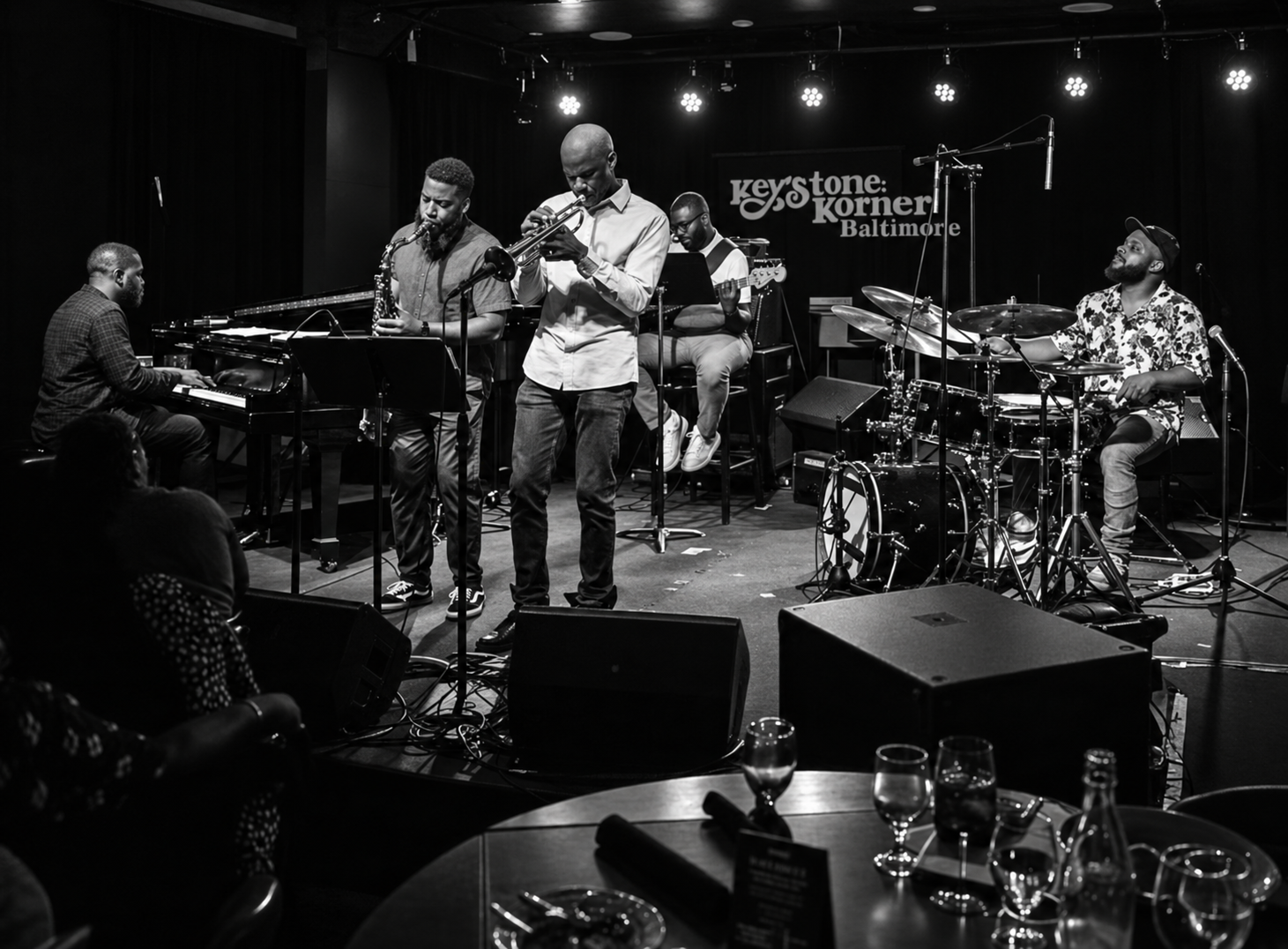 Black-and-white quintet performance at Keystone Korner Baltimore with piano, saxophone, trumpet, bass and drums