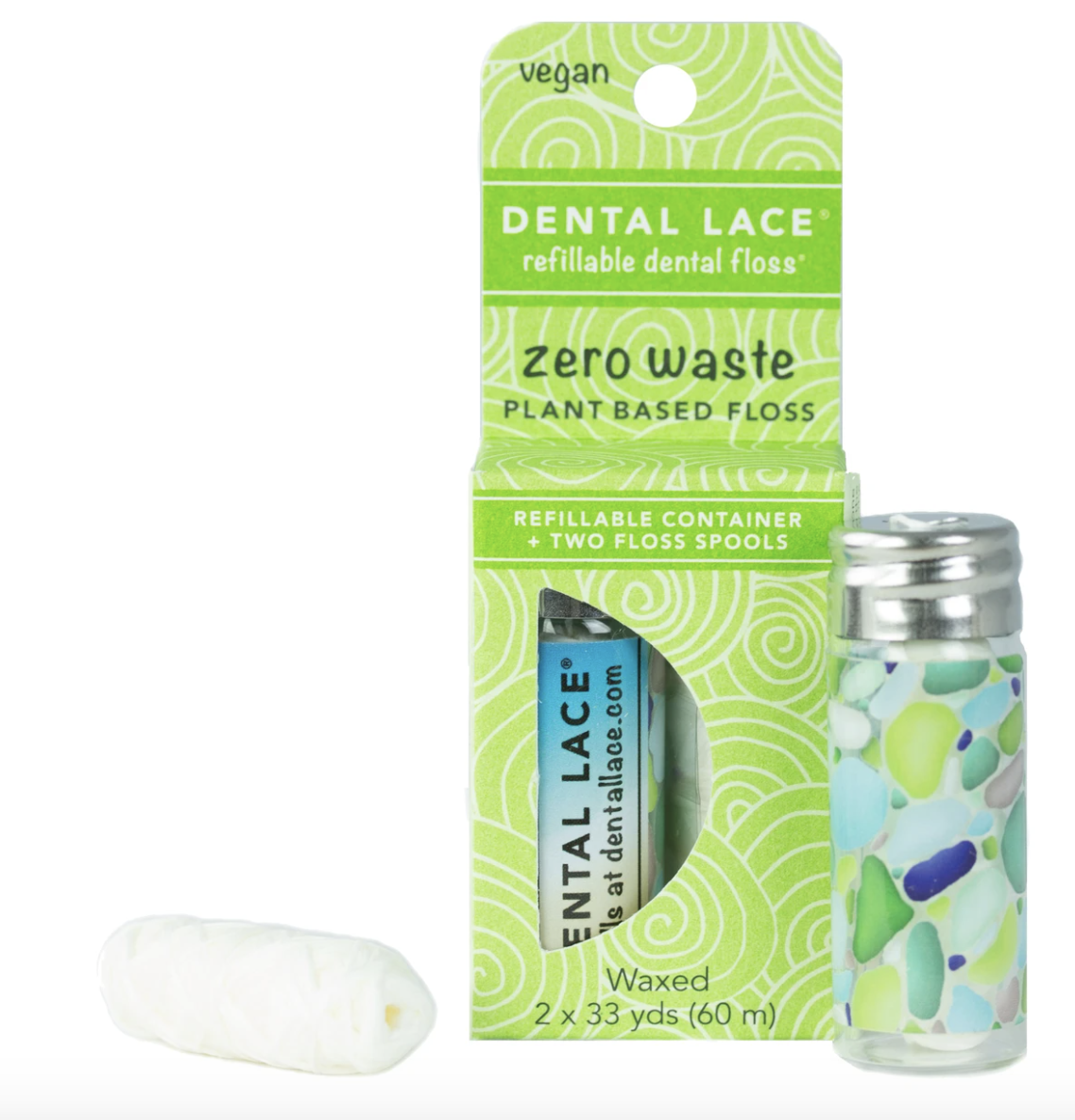 Grey Dental Lace Floss and Refill Kit - 1 grey DL floss in a glass jar and  6 refills (3 packs of two)
