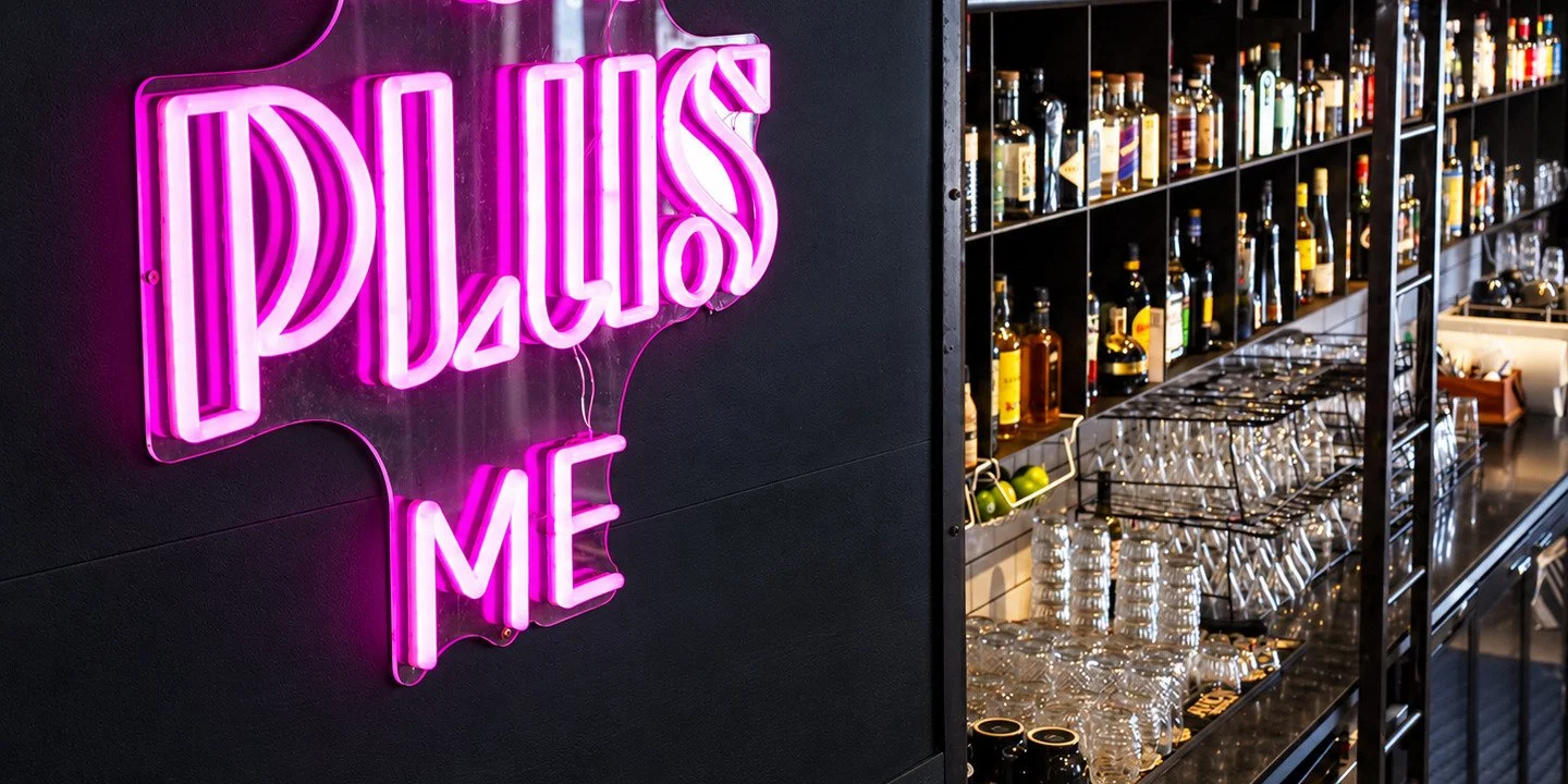 You Plus Me pink neon signage inside Plus 5 cocktail bar in South Wharf