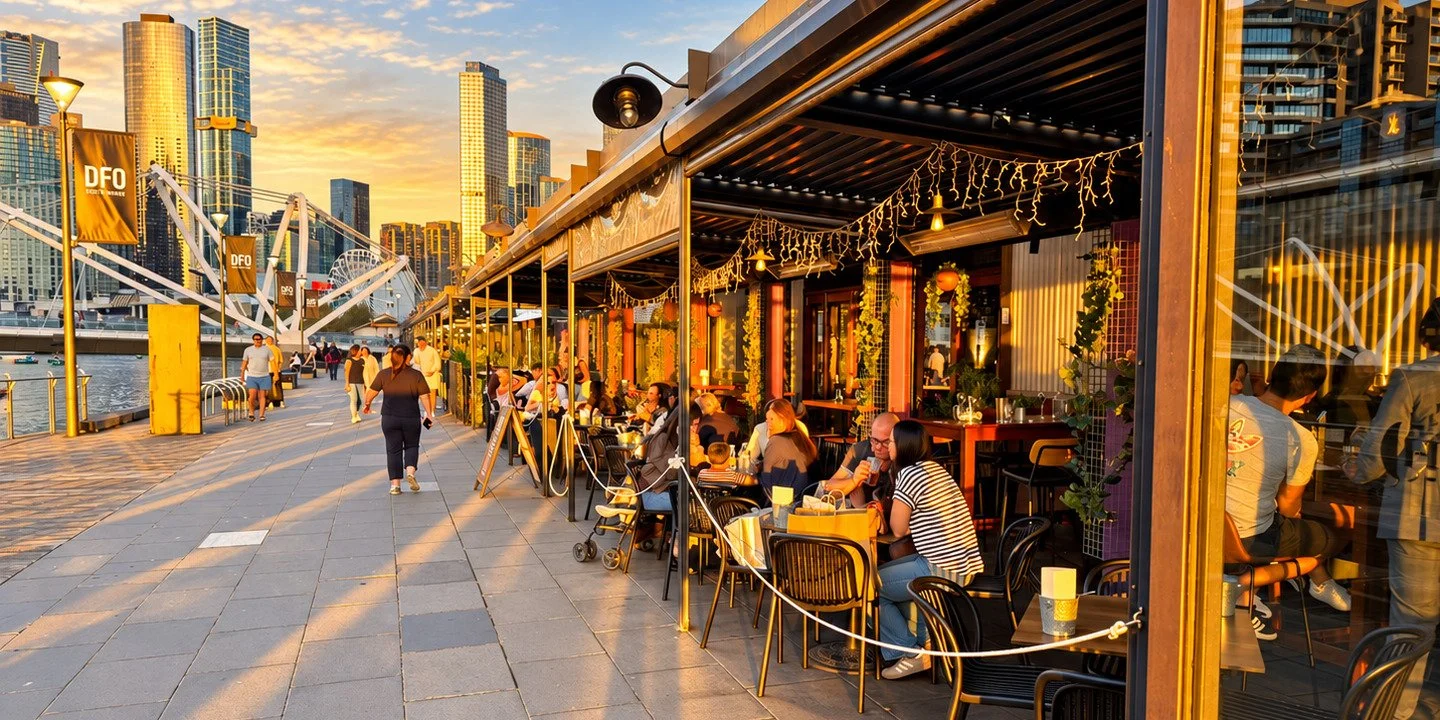 Plus 5 riverside terrace at South Wharf with guests enjoying the evening