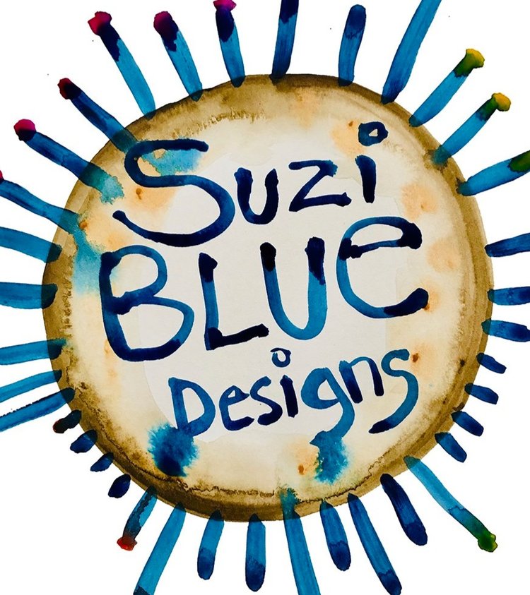 watercolor wheel with spokes that reads suzi blue designs in shades of blue on a beige background