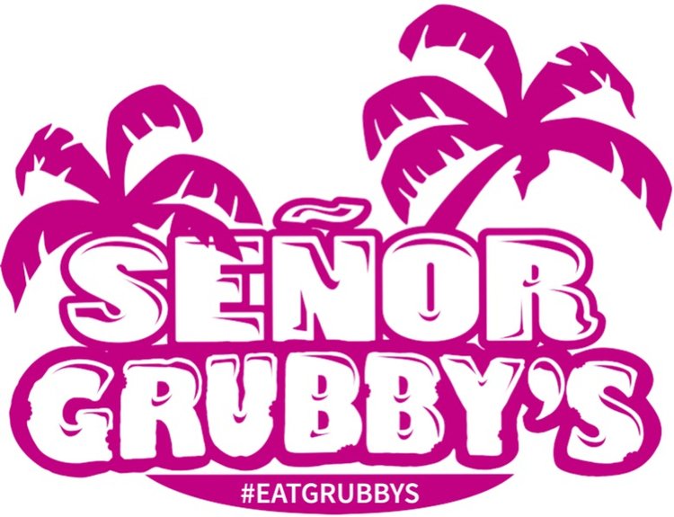 hot pink logo for Señor Grubby's with hashtag Eat Grubbys at the bottom and 2 palm trees coming out on both top corners