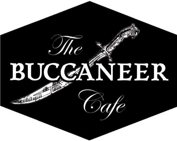 black and white buccaneer cafe logo with a sword through the word buccaneer