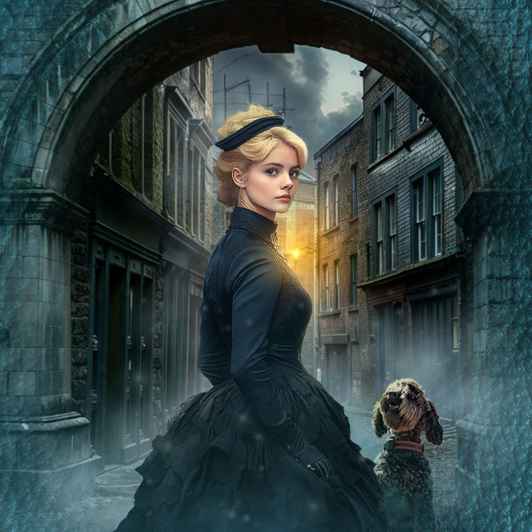 Sophie and her dog in a Victorian alley