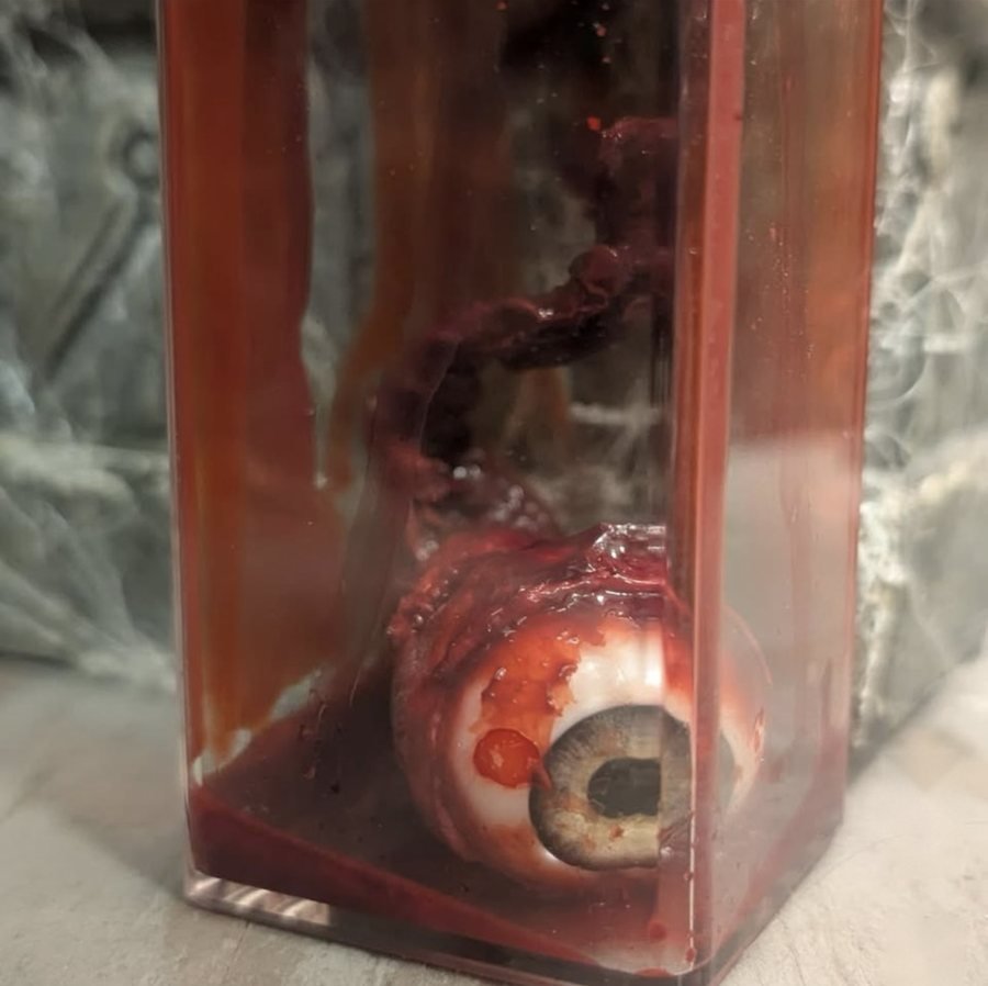 Uncle Ellis’ eye, a bloody eyeball in a jar, at Twisted Crypt Haunted House