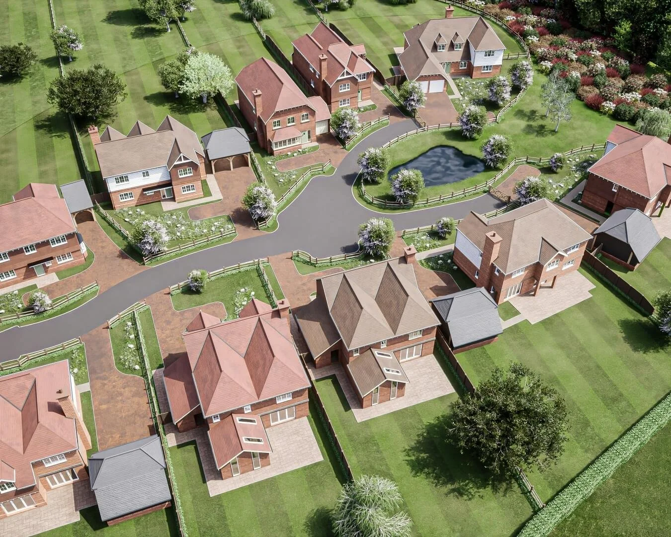 Aerial visualisation of a residential development with detached houses, landscaped gardens and a central pond.