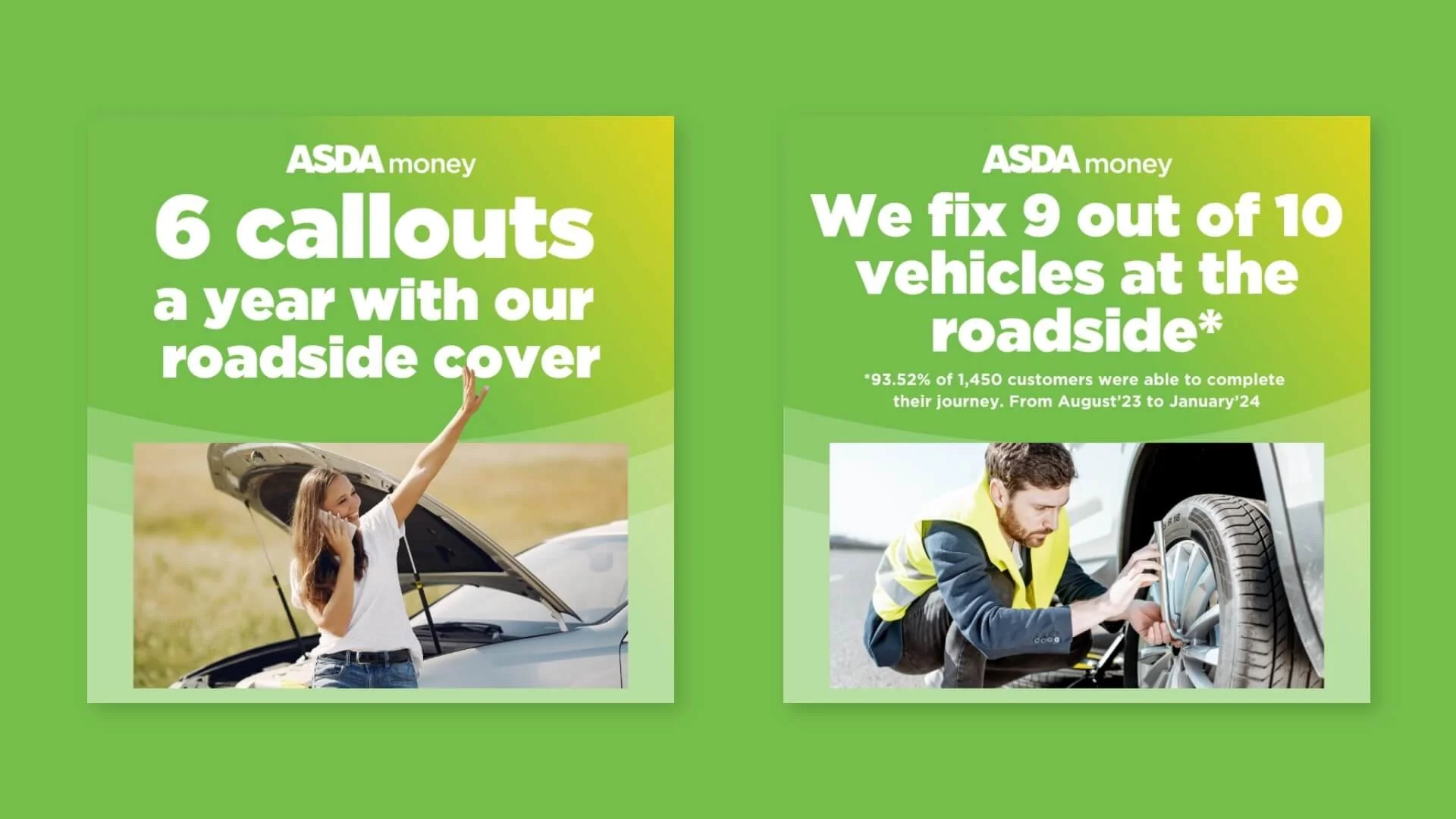 Two ASDA Money breakdown cover Meta ads comparing a six-callout benefit with a nine-out-of-ten roadside repair proof point.