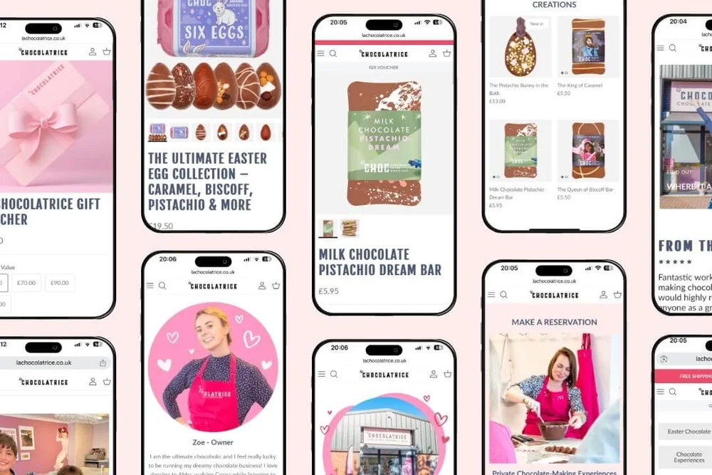 La Chocolatrice Shopify pages showing the chocolate shop, workshop booking information and About page on mobile.