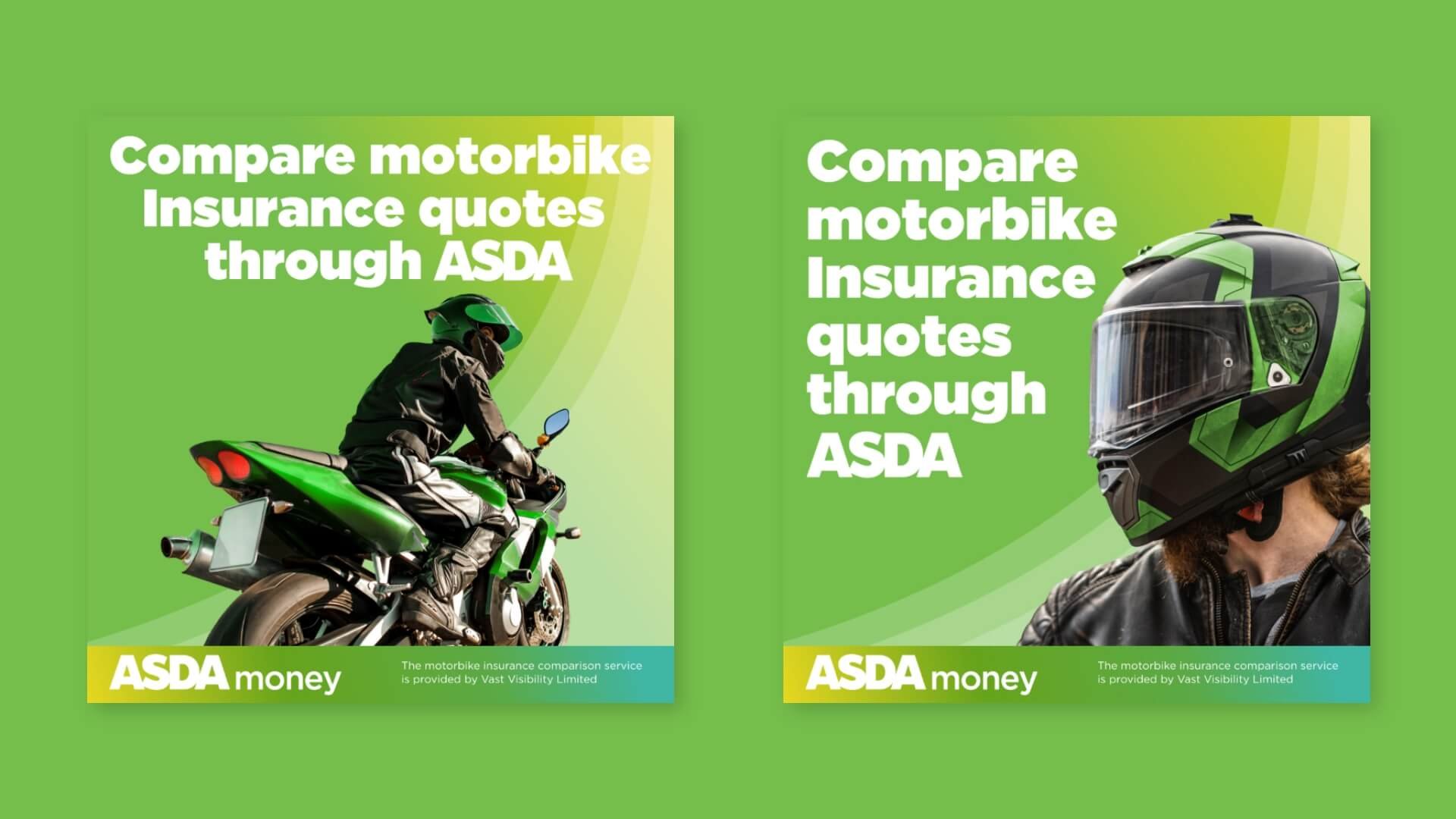 Two ASDA Money motorbike insurance Meta ads comparing full motorcycle imagery with a close-up rider helmet visual.