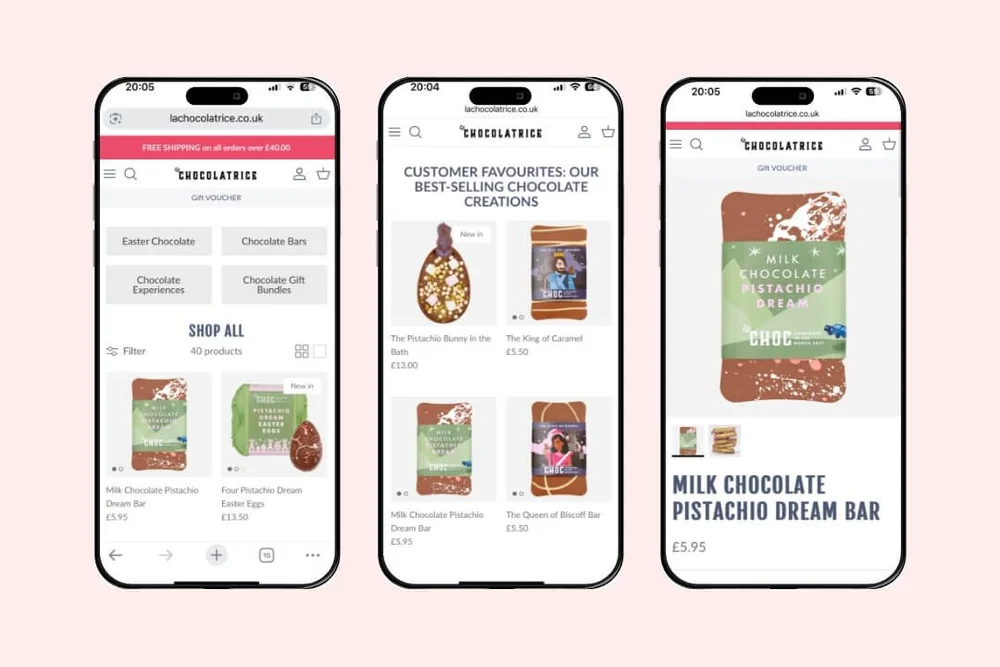 Three mobile phone screens displaying the custom Shopify e-commerce design for La Chocolatrice, featuring the main shop collection, customer favourites, and a specific product page.