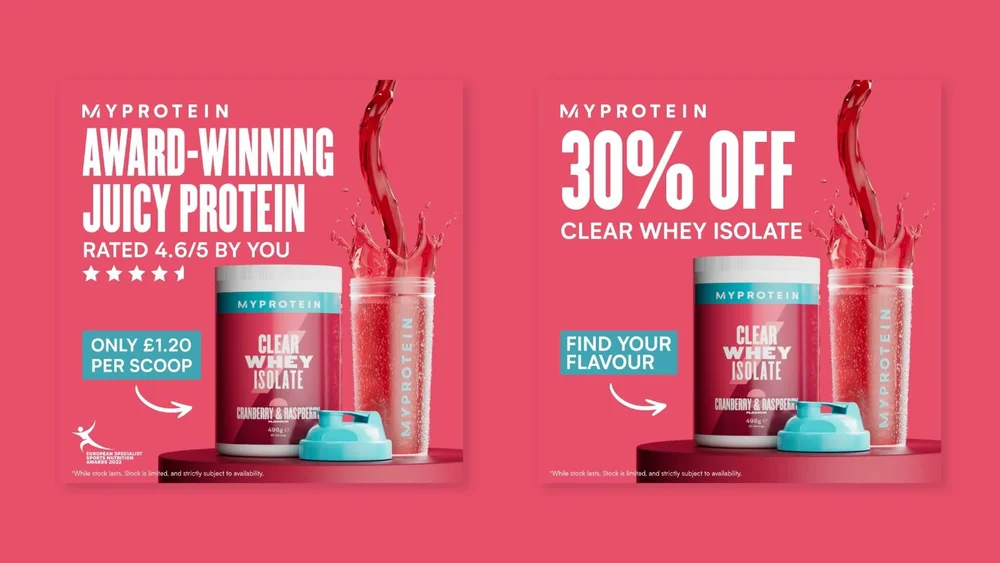 Myprotein Test 2 creative comparing brand-plus-value messaging with a 30% discount.