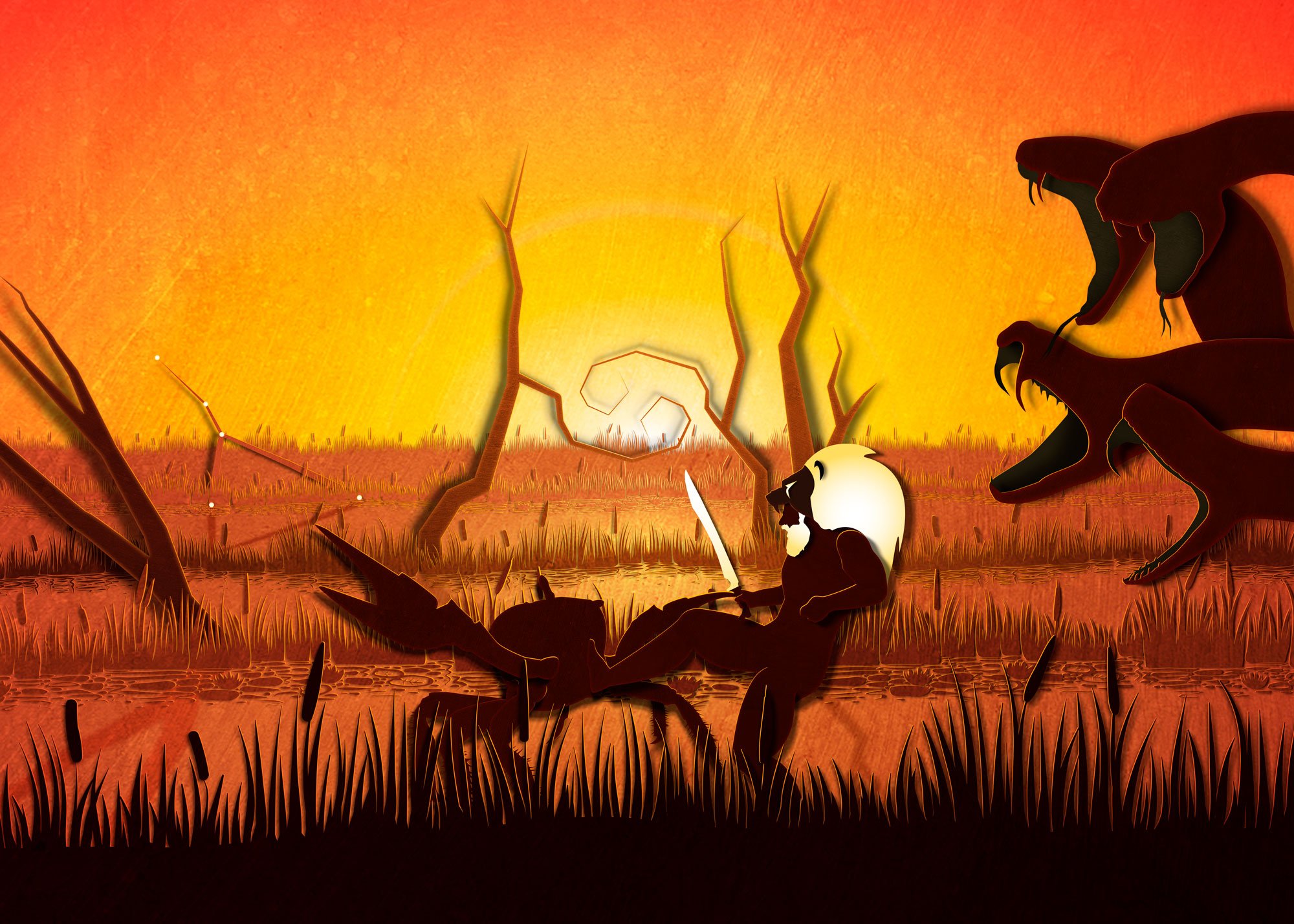 Hercules kicking the crab while the hydra attacks from behide in the lerna swamp in the sunset