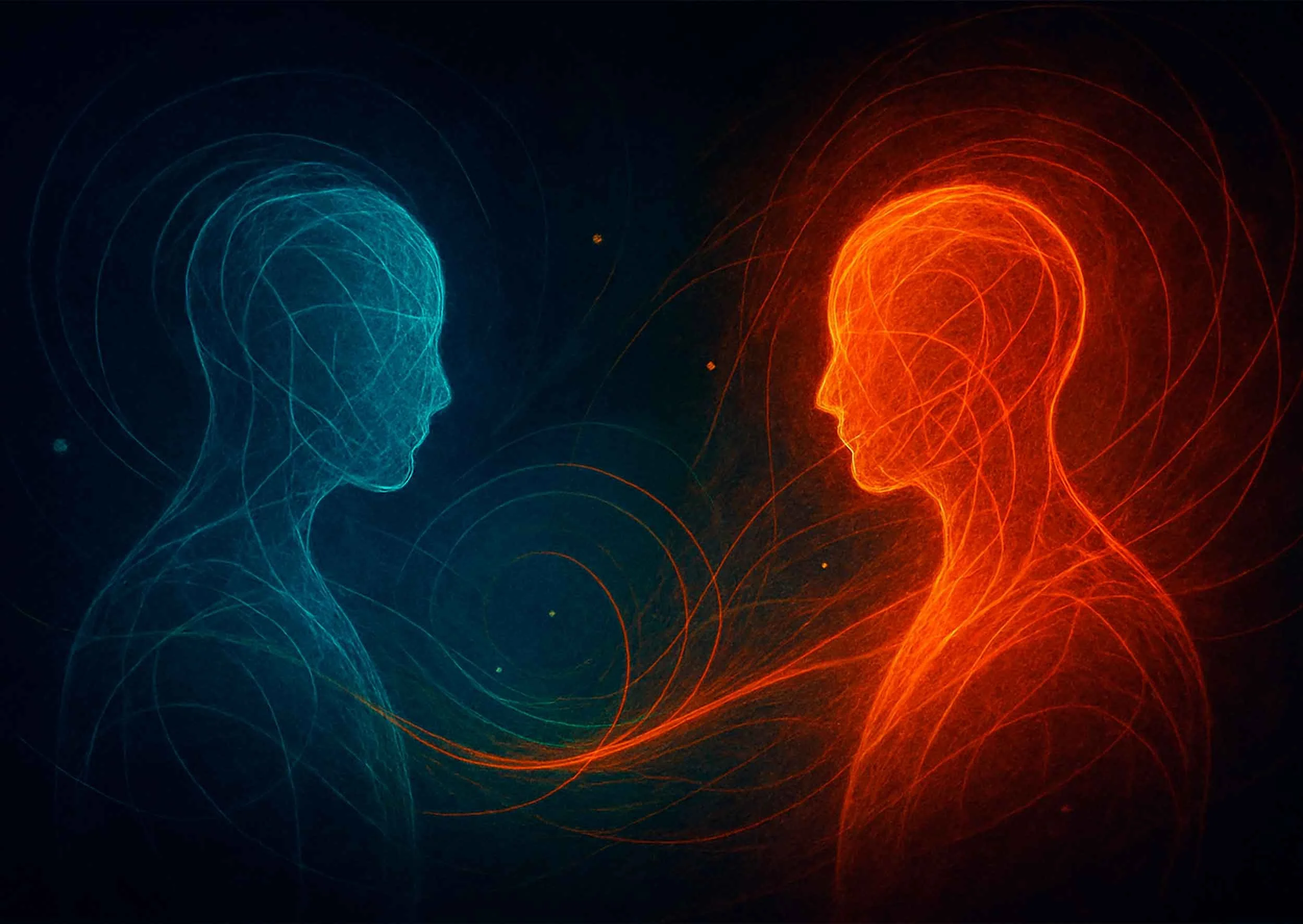 Two luminous loops of light overlap and intertwine, glowing against a textured background, symbolizing dialogue, reflection, and shared understanding.