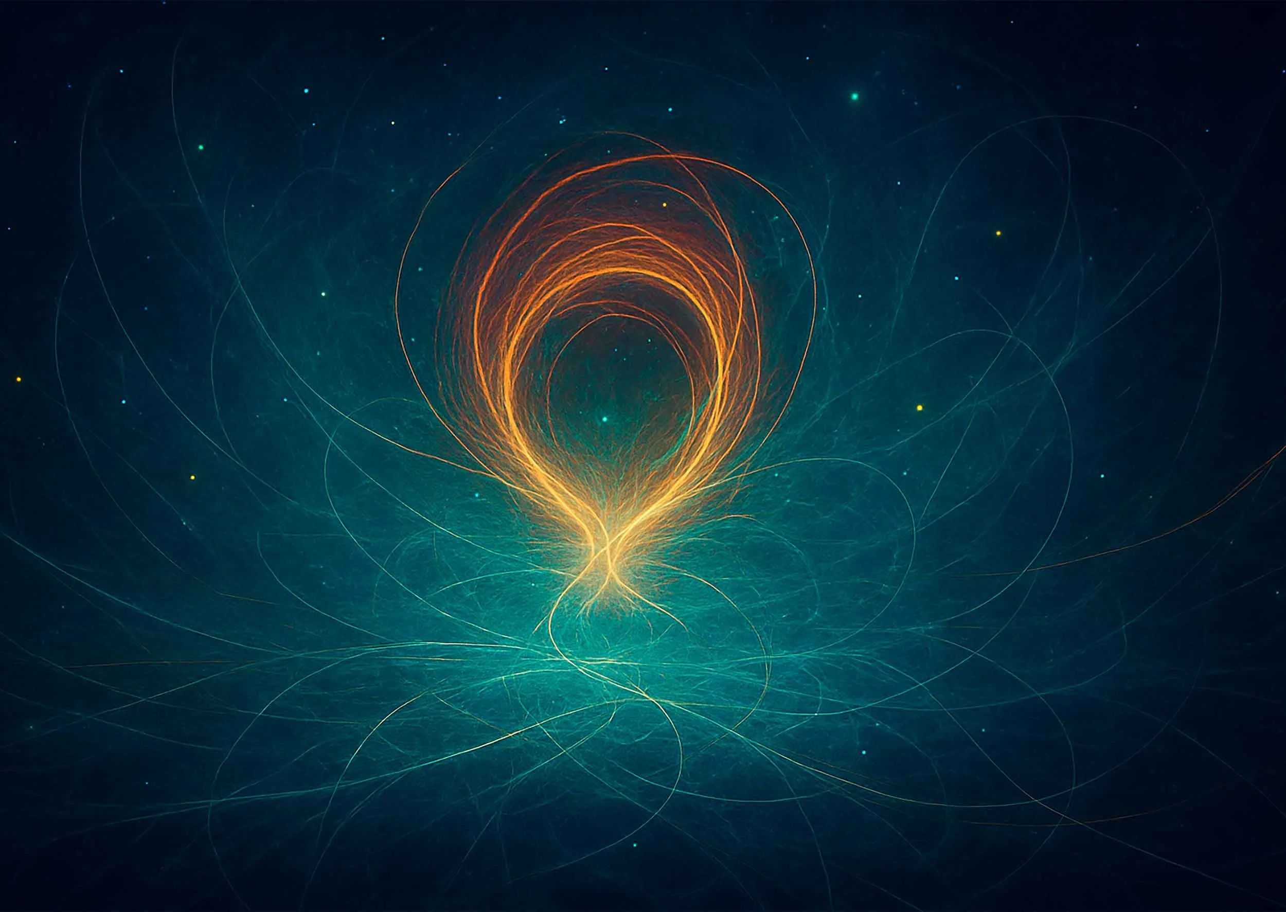 Abstract digital artwork featuring swirling currents of luminous light converging into a glowing center, symbolizing the first spark of consciousness.
