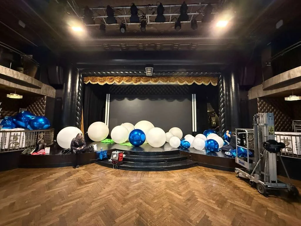 Behind the scenes balloon installation setup at Edison Ballroom NYC — large orbs ready to be hung from ceiling