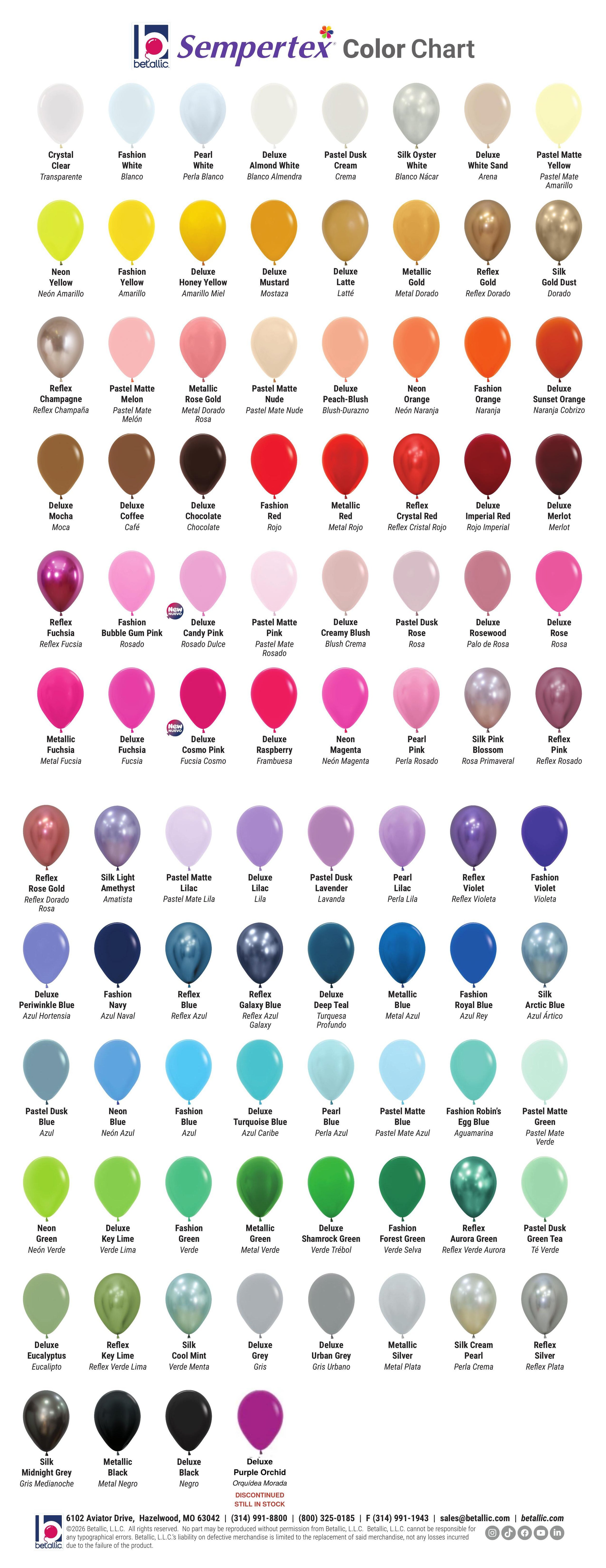 Official balloon color chart showing all available colors and finishes — matte, pastel, deluxe, metallic, pearl, reflex, silk and neon