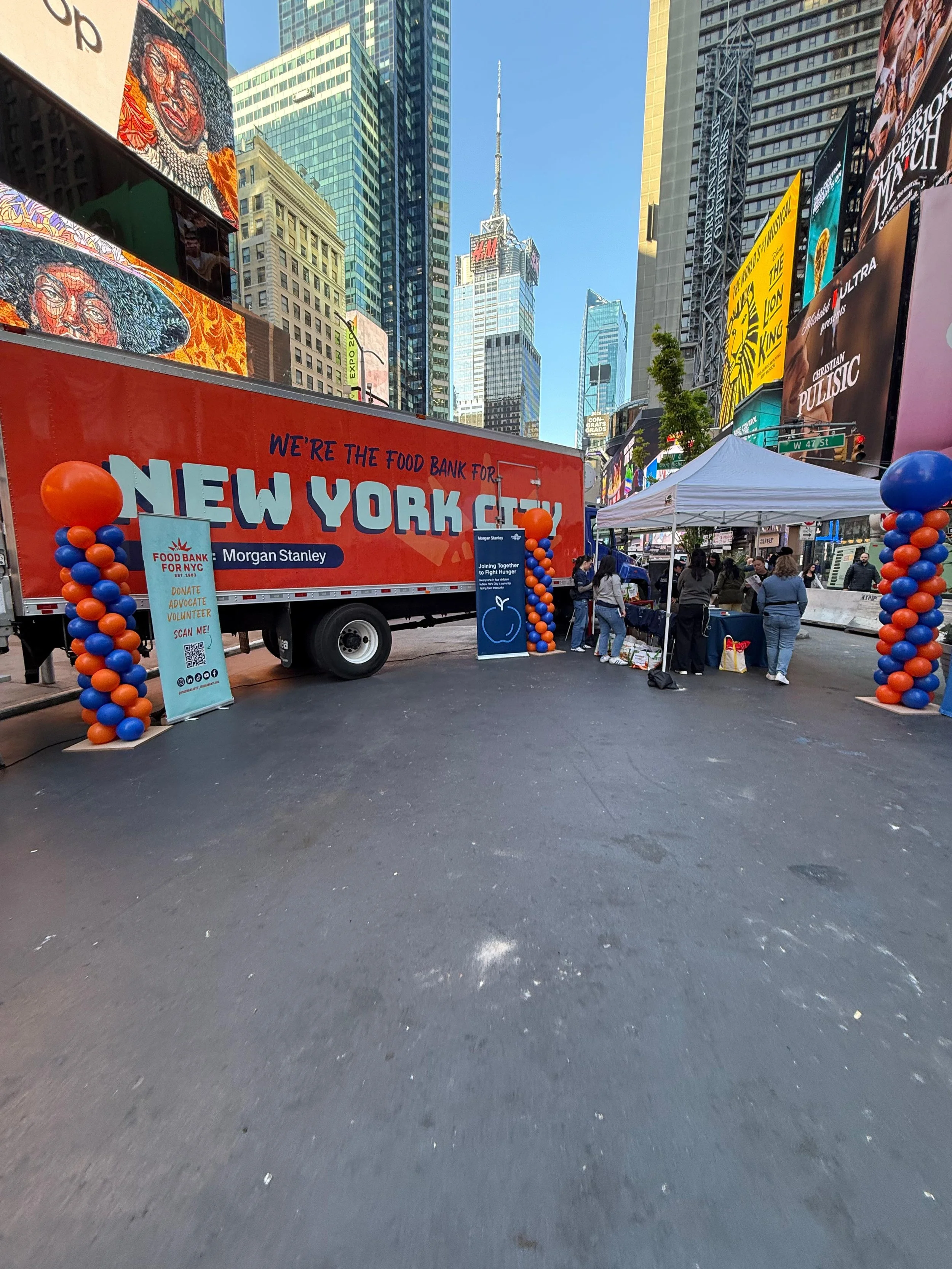 Balloon columns and Food Bank for NYC truck in Times Square Manhattan outdoor event