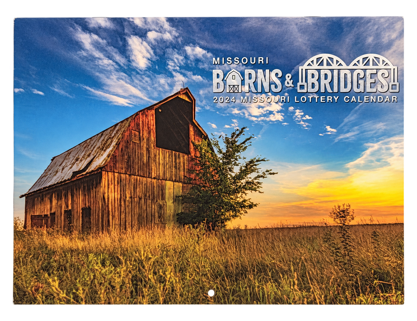 Cover of the 2024 Missouri Lottery Missouri Barns & Bridges calendar featuring James Dye’s barn photograph.