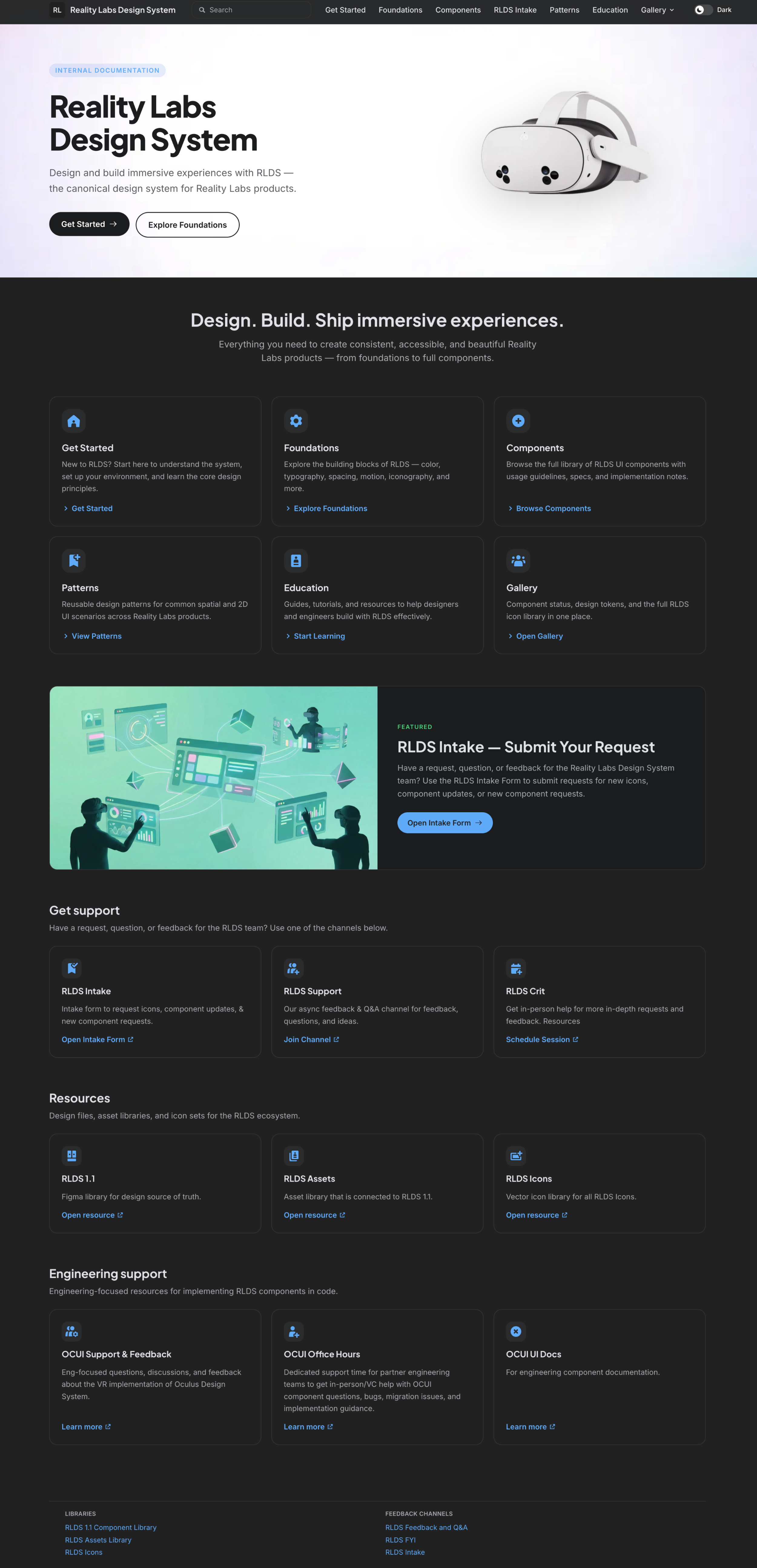 Scrolling view of the RLDS Figma micro-site: live typography, components, and design tokens