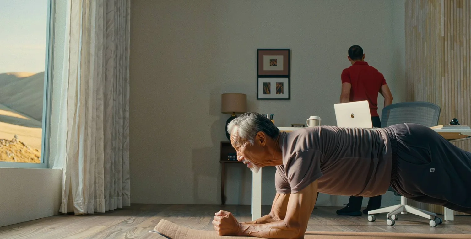 A man in his late 50s holding a plank at home before work