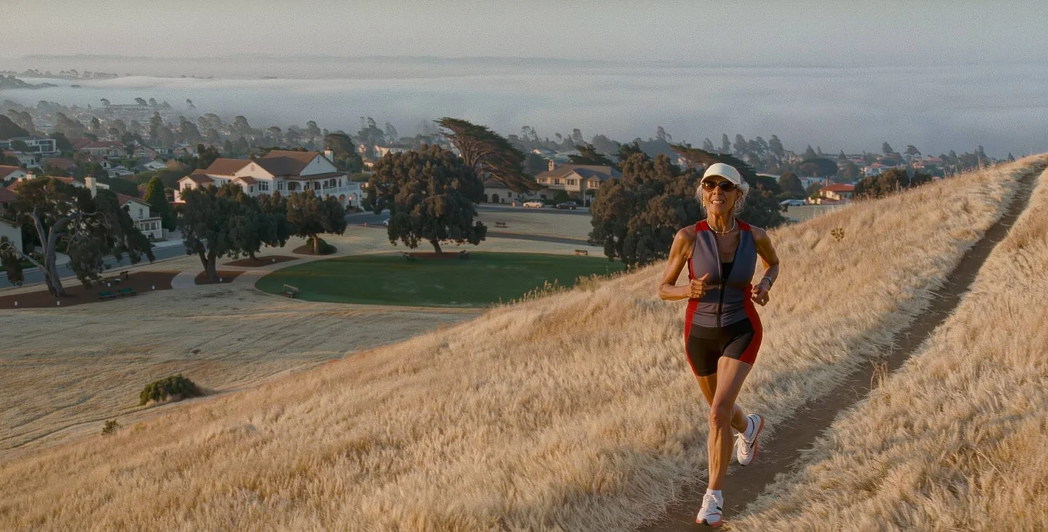 A woman in her late 50s running a dirt trail through golden East Bay hills