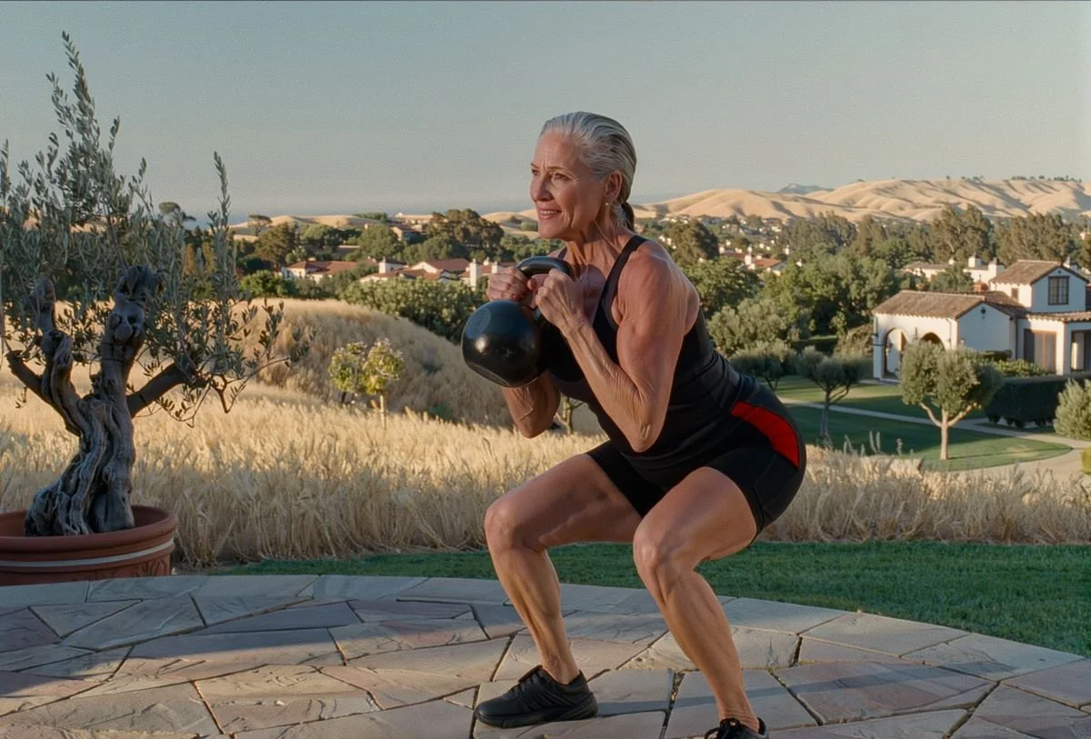 Woman in her 60s doing a kettlebell goblet squat on a hillside patio