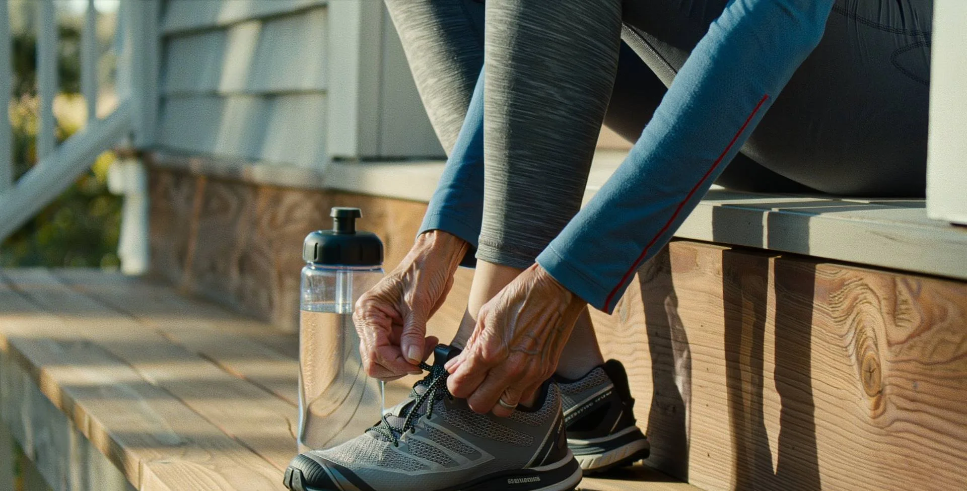 Close-up of hands tying trail-running shoes on a front-porch step