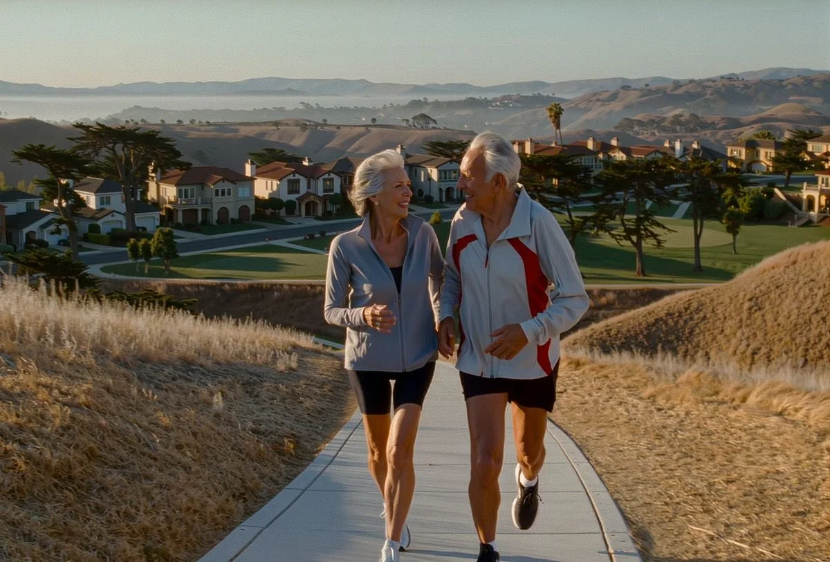 Couple in their 60s jogging together on a hillside path