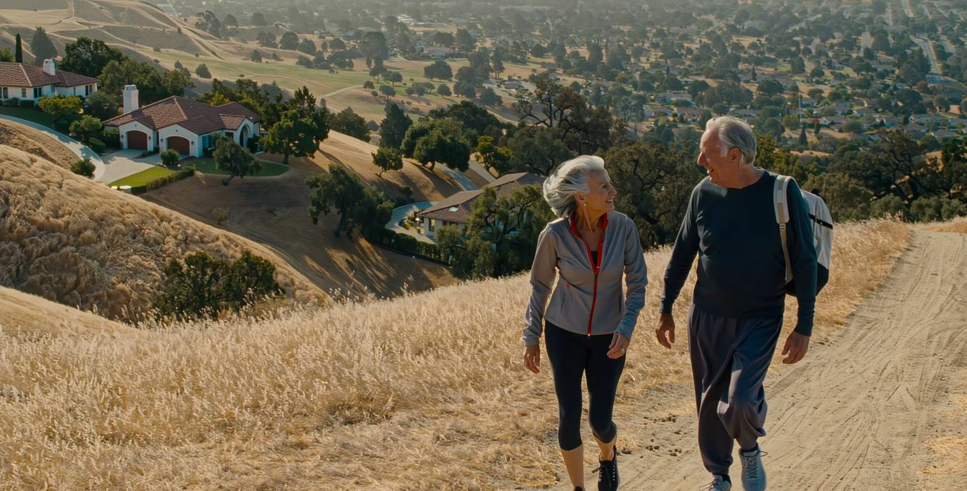 Fit couple in their 60s hiking a golden East Bay ridge trail above the valley