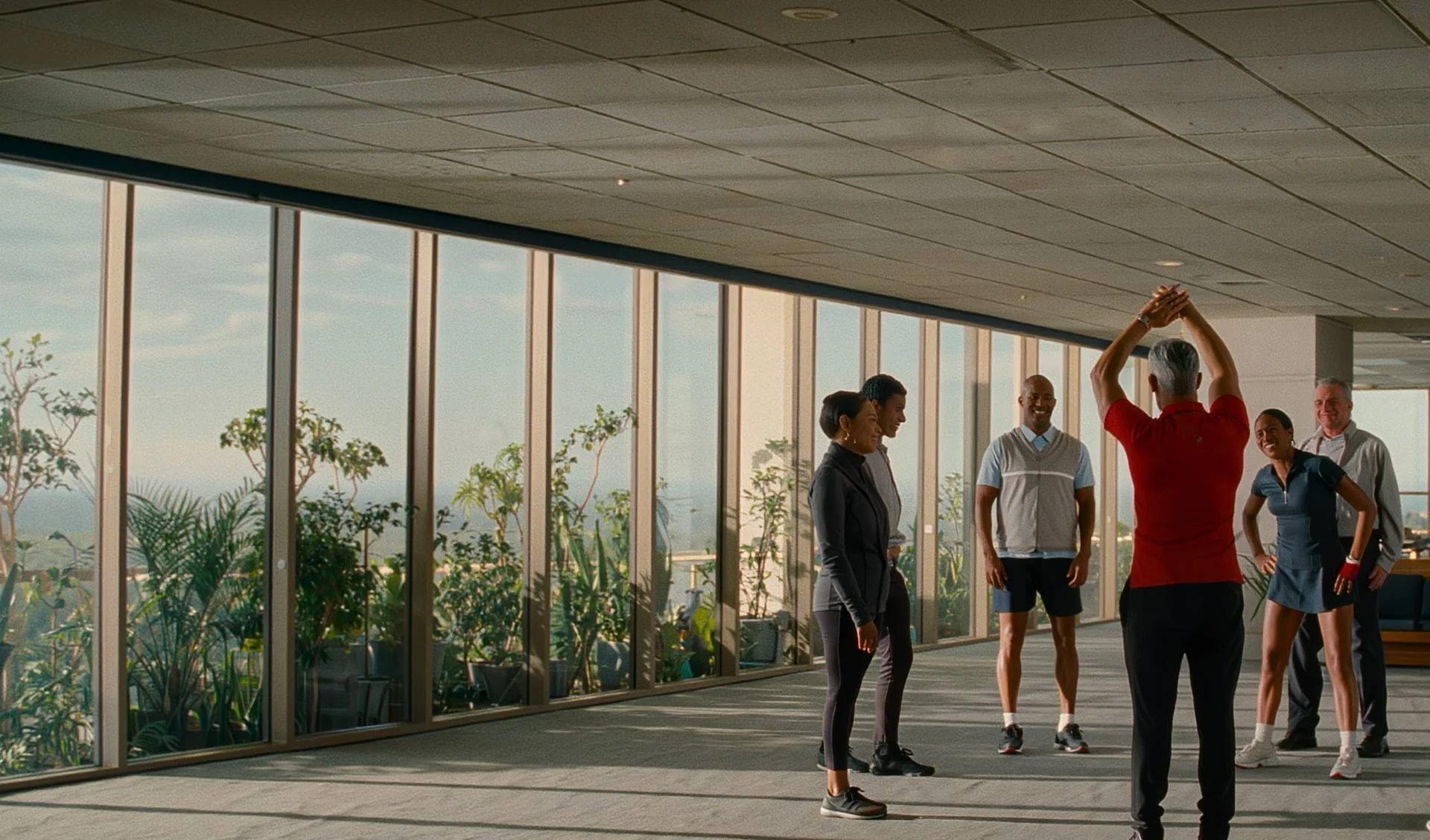 Coworkers doing a guided overhead stretch together in a bright office lounge