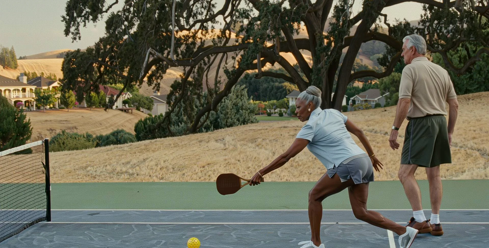 A woman in her 60s lunging to hit a low pickleball dink beside her doubles partner on an outdoor court