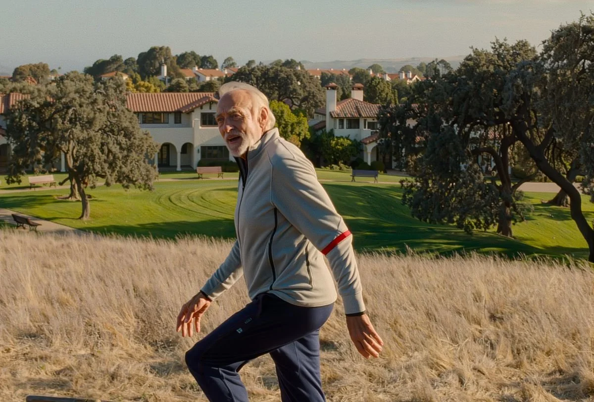 Smiling man in his 70s stepping up onto a park bench
