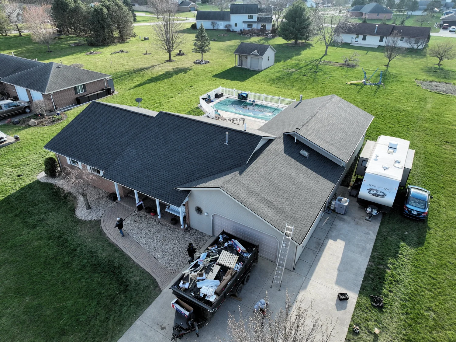 Aerial overview of a Reformation roofing project in Huntsville